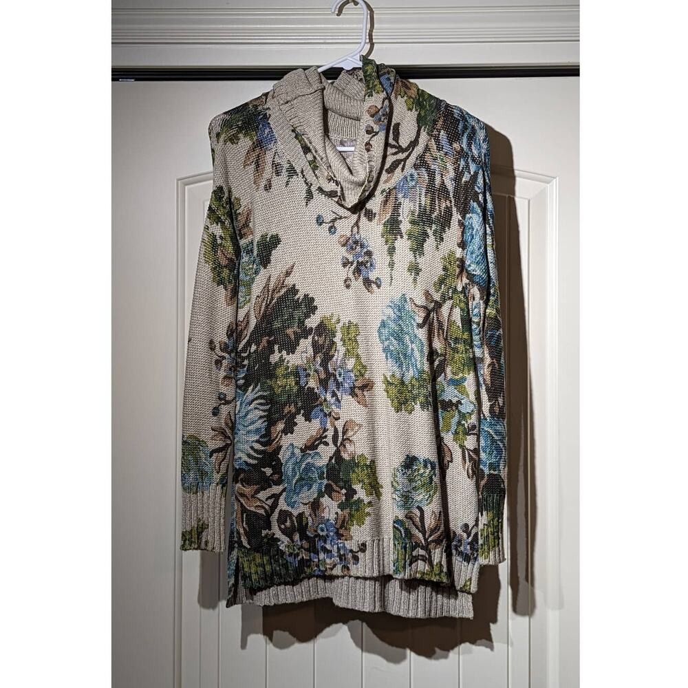 J Jill Beige Floral Cowl Neck Long Sleeve Tunic Sweater Womens Sz XS